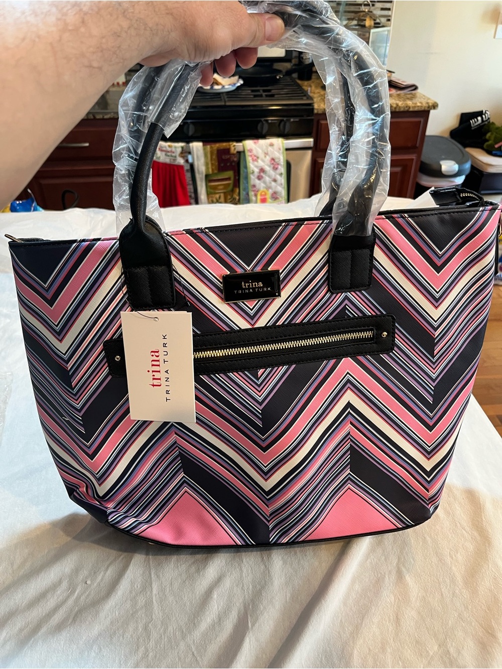 Trina Turk Pink Chevron Tote Bag $148 New With Tags